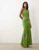 lace high slash neck maxi dress with embellished hotfix panels and embroidery in green