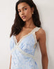 Hope & Ivy satin v-neck lace trim maxi dress in blue floral