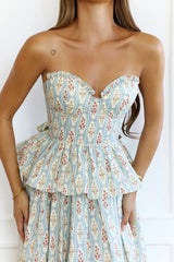 Lush Life Peplum Strapless Maxi Dress Blue