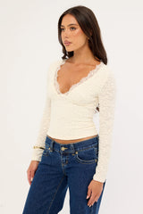 Luck & Trouble Matilde Lace Long Sleeve V Neck Top Cream