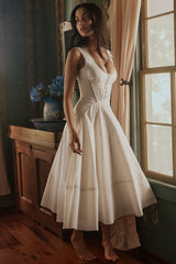 white cotton waist cinch midi sundress