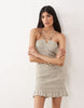 Mango Teen beaded neck ruched mini dress in green print