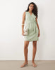 VILA linen blend wrap front mini dress with tie belt in smoke green