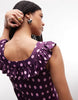 Reclaimed Vintage satin maxi day dress with frill neck in raspberry polka dots