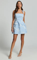 Kyra Mini Dress - Square Neck Open Back Jacquard Mini Dress in Light Blue