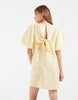 PIECES volume sleeve bow back mini shift dress in yellow ditsy floral print
