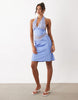 Lioness Solana satin sheer lace panel detail halterneck awkward length dress in baby blue