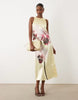 YAS placement orchid print satin racer maxi dress in pale yellow