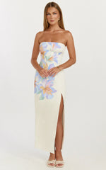 Astra Midi Dress - Strapless Split Leg Column Dress in Astra Posey Floral Print
