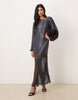 slash neck satin maxi dress with batwing sleeves and chiffon skirt in gray