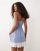 cotton linen bandeau mini sundress with ruffle hem in blue and pink stripe