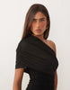 Missy Empire double sculpted slinky asymmetric shoulder fold over mini dress in black