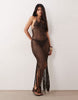 Kaiia exclusive premium halterneck crochet tassel hem maxi dress in chocolate
