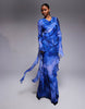 Daska chiffon high cowl neck frill detail maxi dress in cobalt abstract print