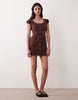 scoop neck button down mini dress with cap sleeve in chocolate twill