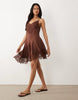 slip lace trim mini dress with asymmetric hem in chocolate