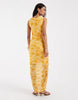 PIECES ruched midi dress in yellow floral print