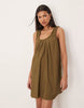 ruched neck mini sundress in olive performance fabric