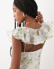 frill sleeve sweetheart neck midi dress in navy spot print