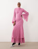 long sleeve layered godet bias cut maxi dress in pink
