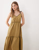 tie detailing tiered maxi dress with tipping in olive