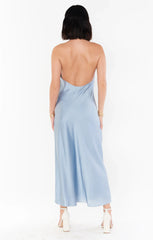 Jasmine Halter Midi Dress ~ Steel Blue Luxe Satin