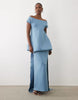 bardot maxi dress with train & bubble bodice in blue