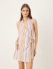 cotton linen blend halter neck wrap mini sundress in pastel mixed stripes