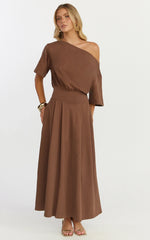 Tami Midi Dress - Off Shoulder Dress in Chocolate