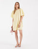 PIECES volume sleeve bow back mini shift dress in yellow ditsy floral print
