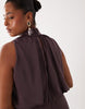 Curve halter neck blouson satin maxi dress in chocolate