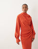 Tall high neck draped maxi dress with draped skirt in orange
