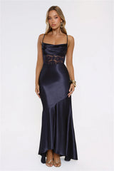 Moments In Silk Satin Maxi Dress Navy