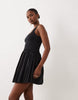 scoop ribbed bodice with poplin skirt mini dress in black