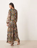 slash neck chiffon godet maxi dress in black based floral