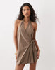 cotton linen halter neck wrap mini sundress in ashy brown