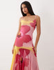 Kaiia exclusive slinky mesh scoop neck dropped waist asymmetric handkerchief hem maxi dress in pink ombré floral