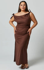 Cincinnati Midi Dress - Off The Shoulder Side Split Column Linen Dress in Chocolate