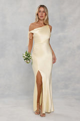 The Clover Off Shoulder Satin Maxi Dress Yellow