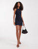 denim tie straps a-line mini dress in indigo blue