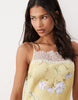 satin high neck cami midi dress with lace trims in yellow floral print