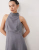 Petite high neck sleeveless linen look swing maxi dress in denim blue
