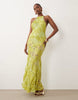 embellished lace high neck maxi dress with full godet hem in lime