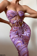 purple swirl cutout midi dress