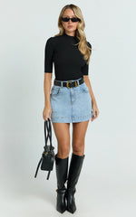Tilda Top - High Neck Short Sleeve Fitted Top in Black