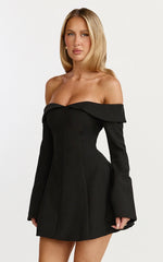 Collette Mini Dress - Off Shoulder Long Sleeve Godet Flare Dress in Black