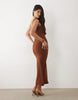 TFNC slinky scoop neck knot detail slit midaxi dress in chocolate