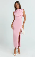 Veronnie Midi Dress - Tucked High Neck Sleeveless Fitted Leg Split Skirt Dress in Pink
