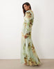 printed mesh maxi dress with overlay draped neckline detail in green blurred floral
