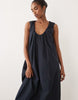 ruched plunge barrel midi dress in navy
